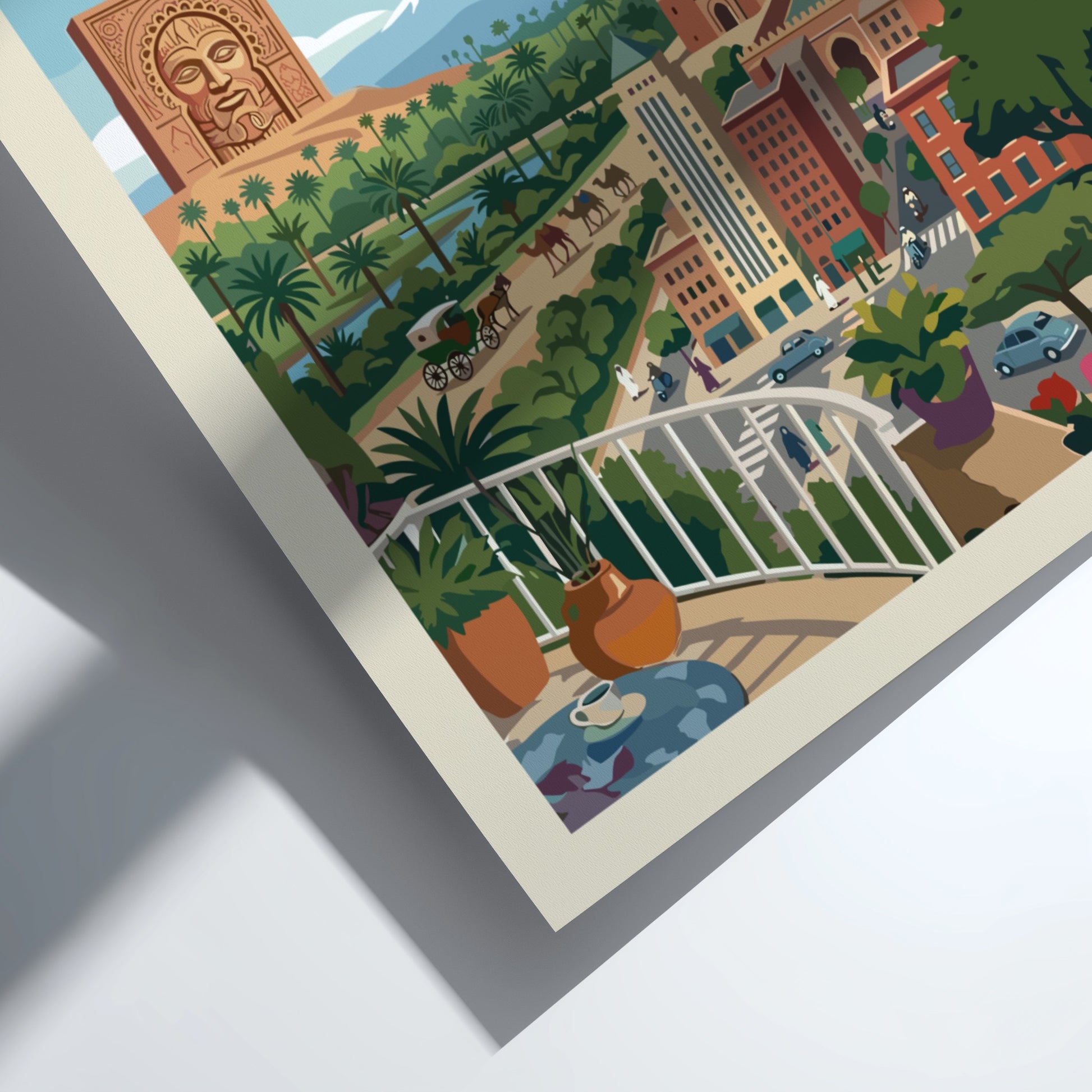 Marrakech Morocco travel poster in a vintage style, showing cityscape with Koutoubia Mosque and mountains.
