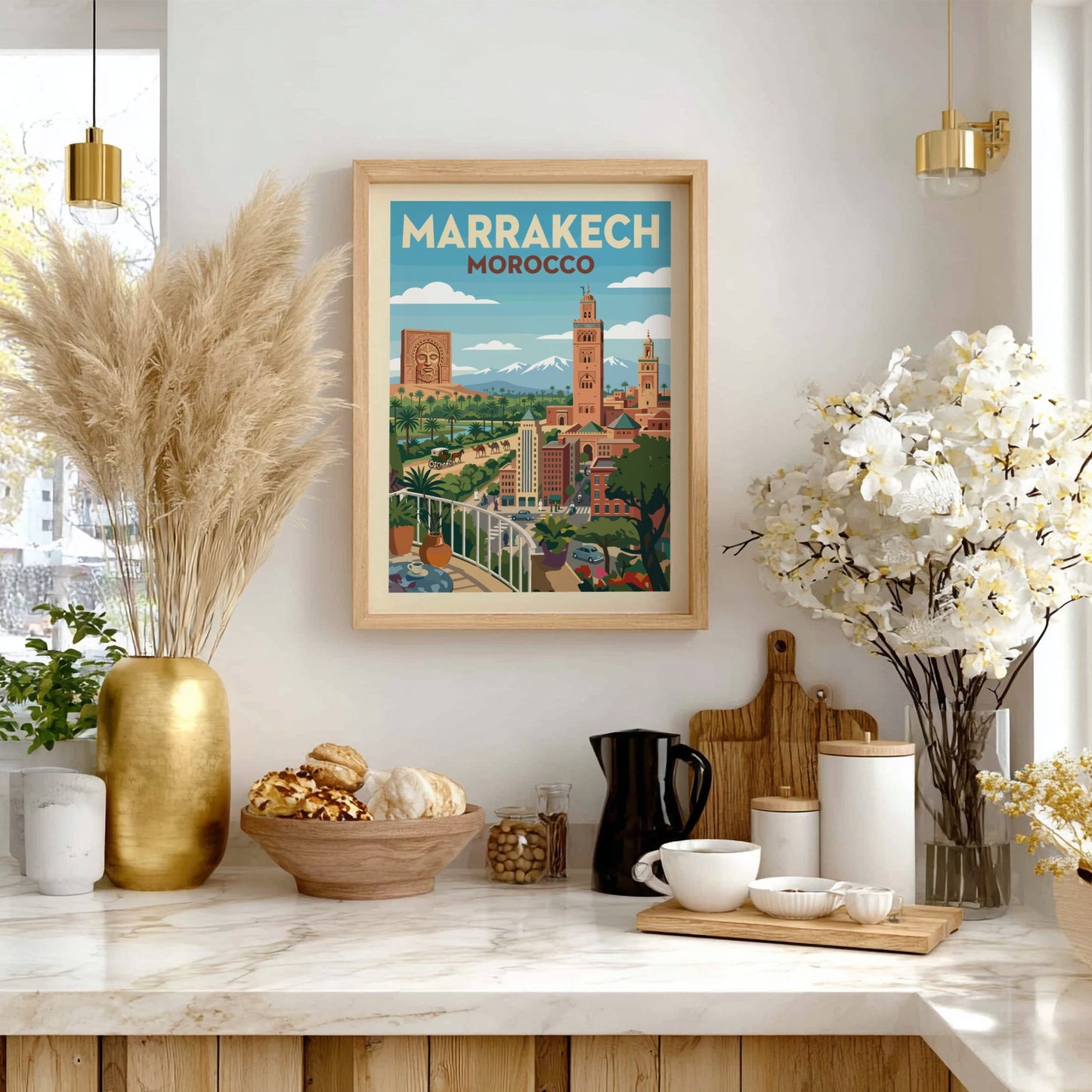 Marrakech Morocco travel poster in a vintage style, showing cityscape with Koutoubia Mosque and mountains.