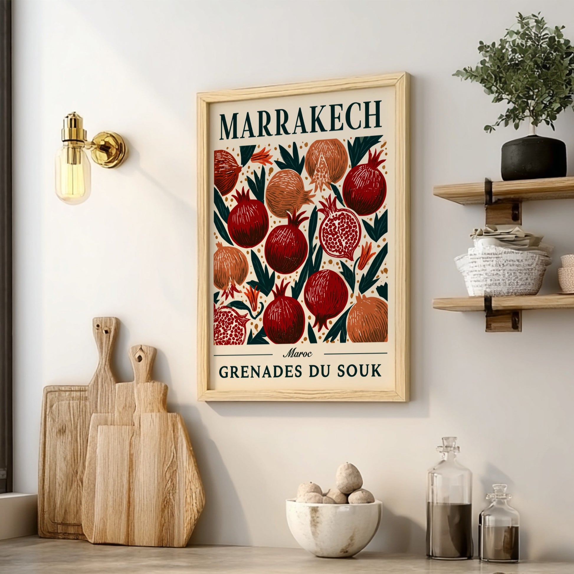 Kitchen poster featuring vibrant pomegranates in rich colors, perfect for home decor.