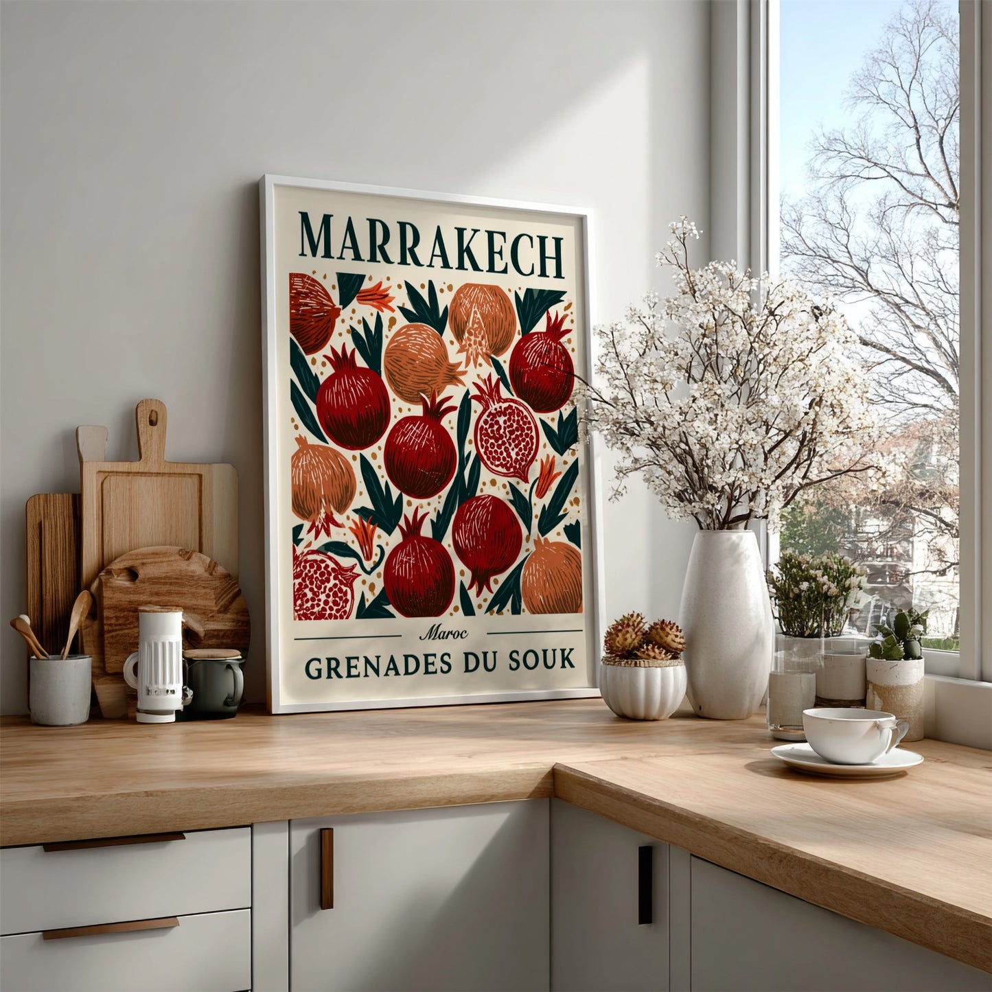 Kitchen poster featuring vibrant pomegranates in rich colors, perfect for home decor.