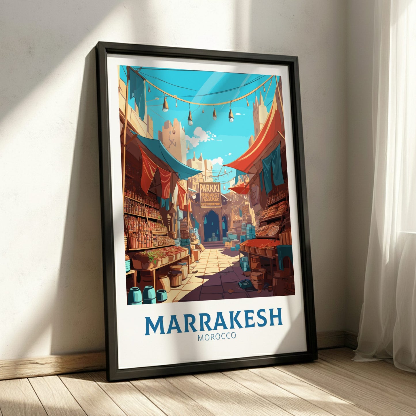 Framed poster of Marrakesh, Morocco with colorful street scene.