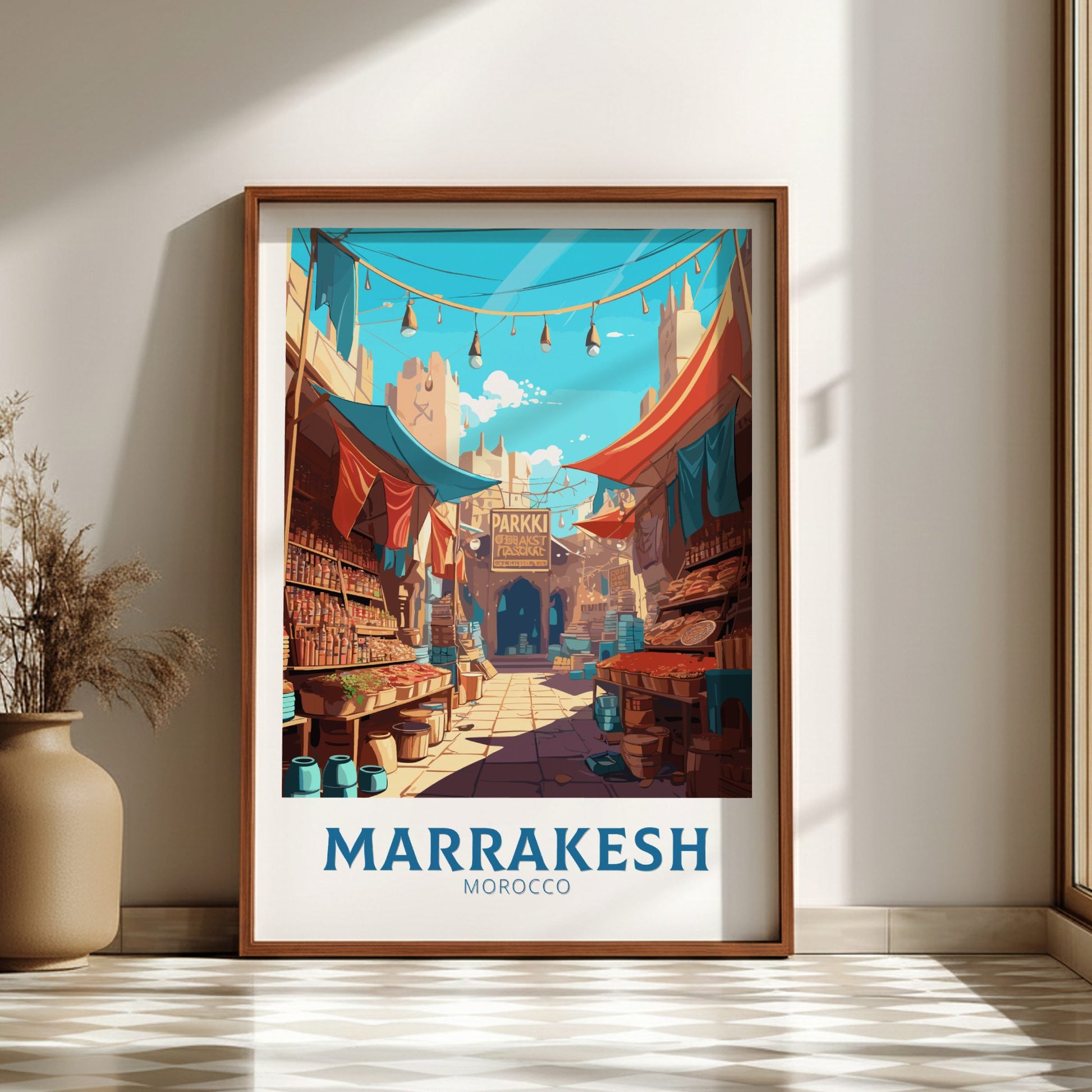 Framed artwork of a street scene in Marrakesh, Morocco, on a wall.