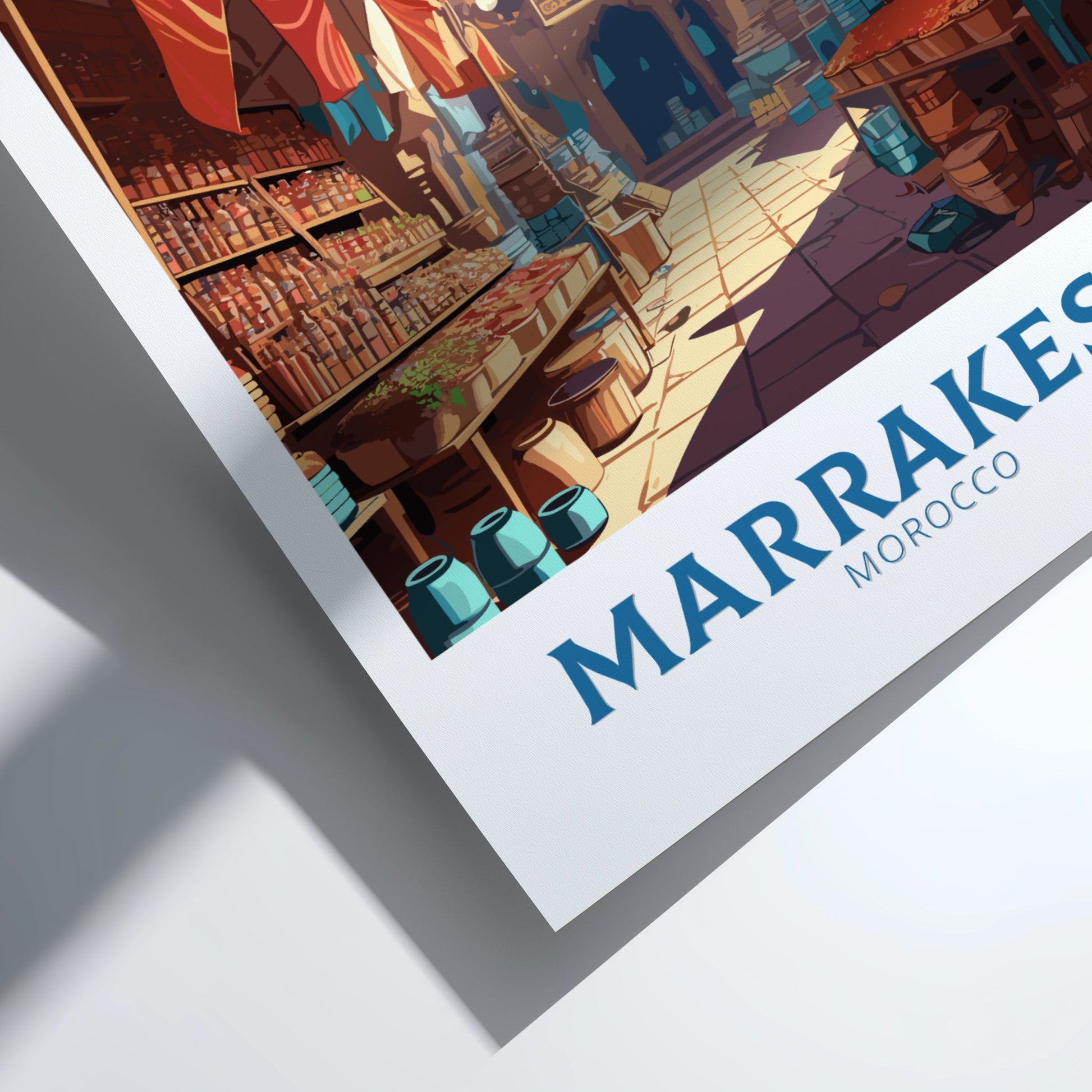 Illustration of a market scene with 'Marrakesh Morocco' text overlay