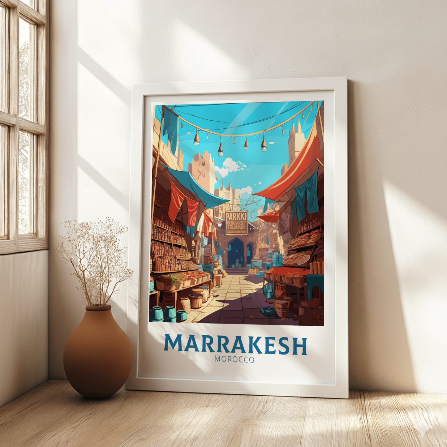Framed artwork of Marrakesh, Morocco with a vase on a wooden floor.