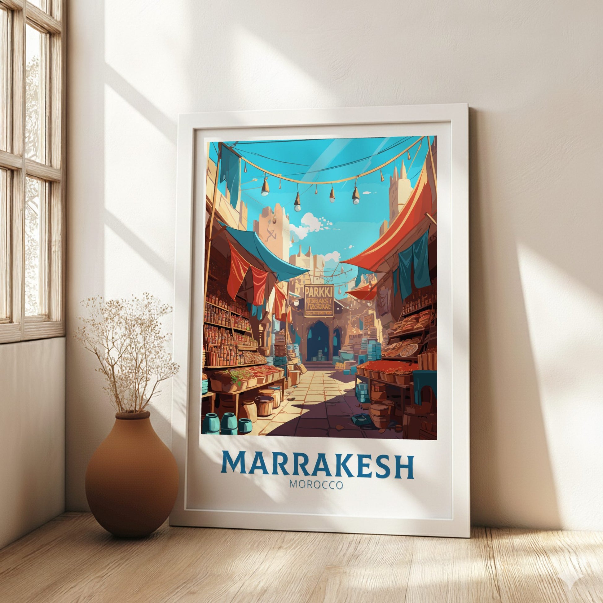 Framed artwork of Marrakesh, Morocco with a vase on a wooden floor.