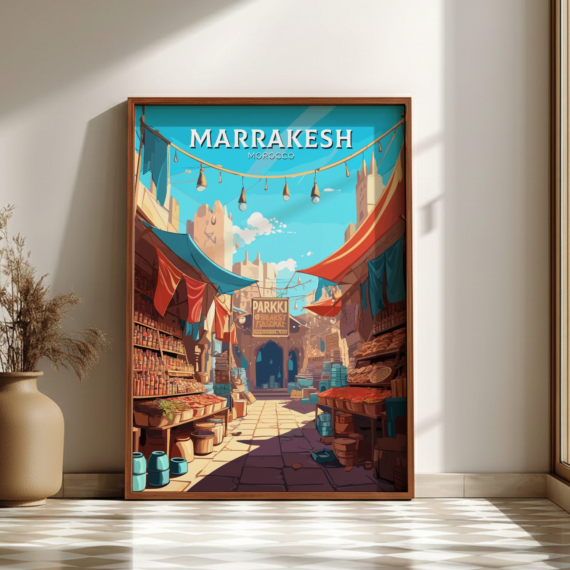 Framed artwork of a Marrakesh street scene with colorful awnings and buildings.