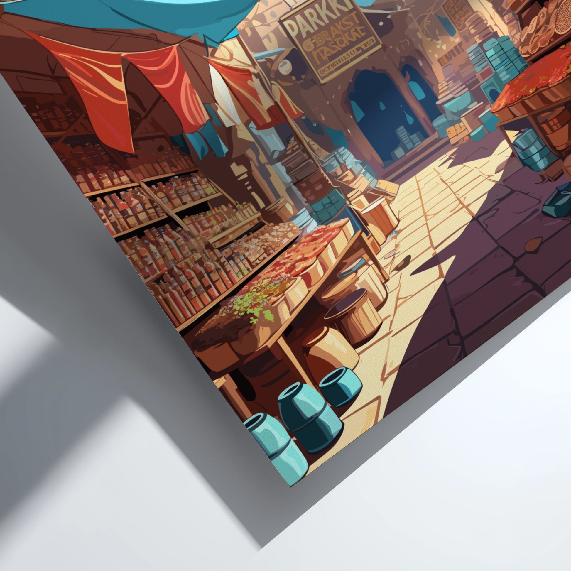 Illustration of a cozy pub interior with wooden furniture and colorful awnings.