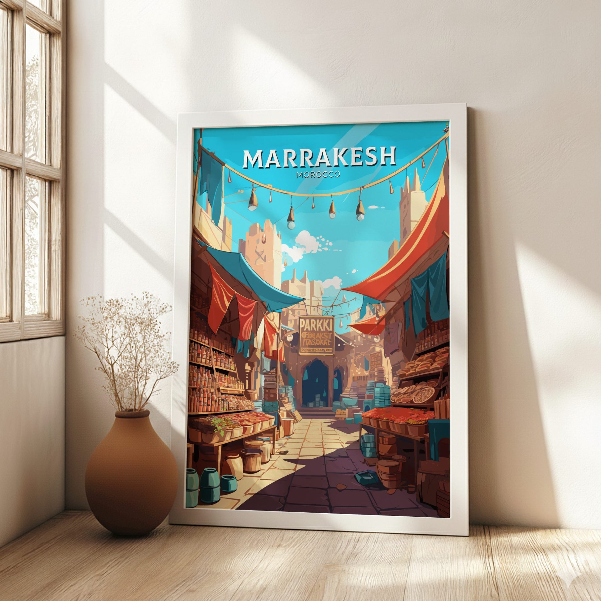 Framed poster of Marrakesh with colorful street scene and 'Marrakesh' text.