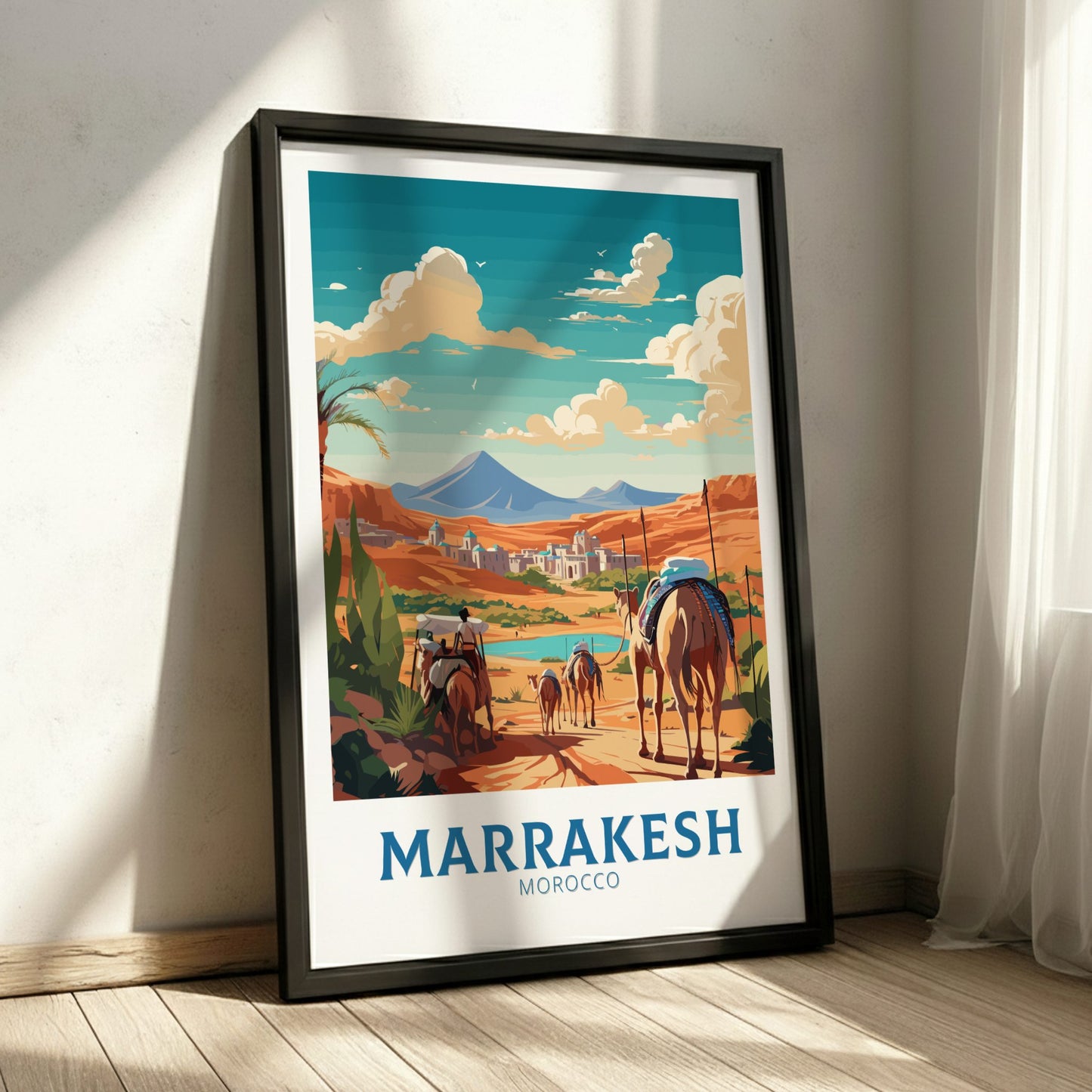 Framed poster of Marrakesh, Morocco with a desert scene and mountains.