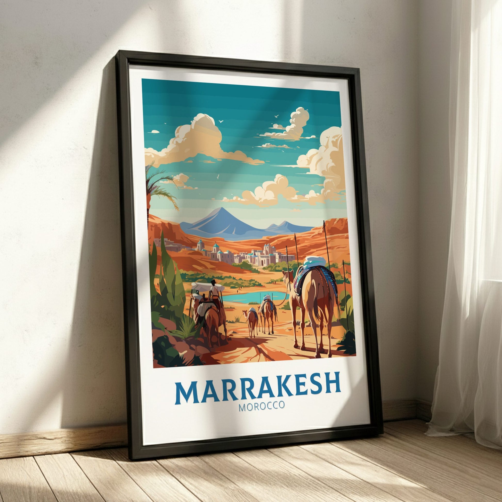 Framed poster of Marrakesh, Morocco with a desert scene and mountains.