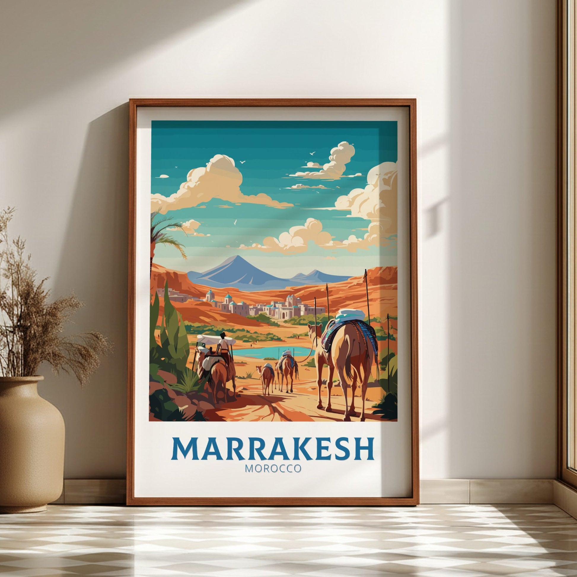 Framed artwork of Marrakesh, Morocco with horses and mountains on a wall.