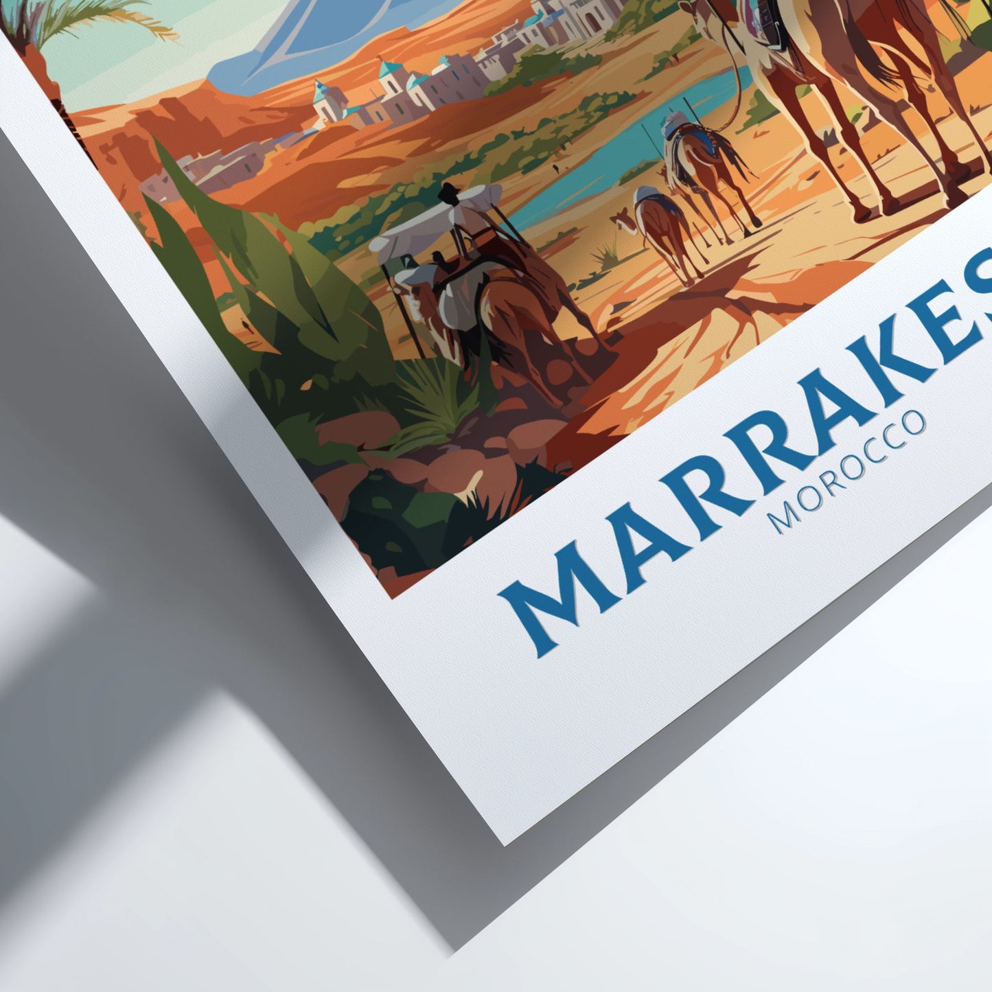 Poster of Marrakesh, Morocco with desert scene and text.