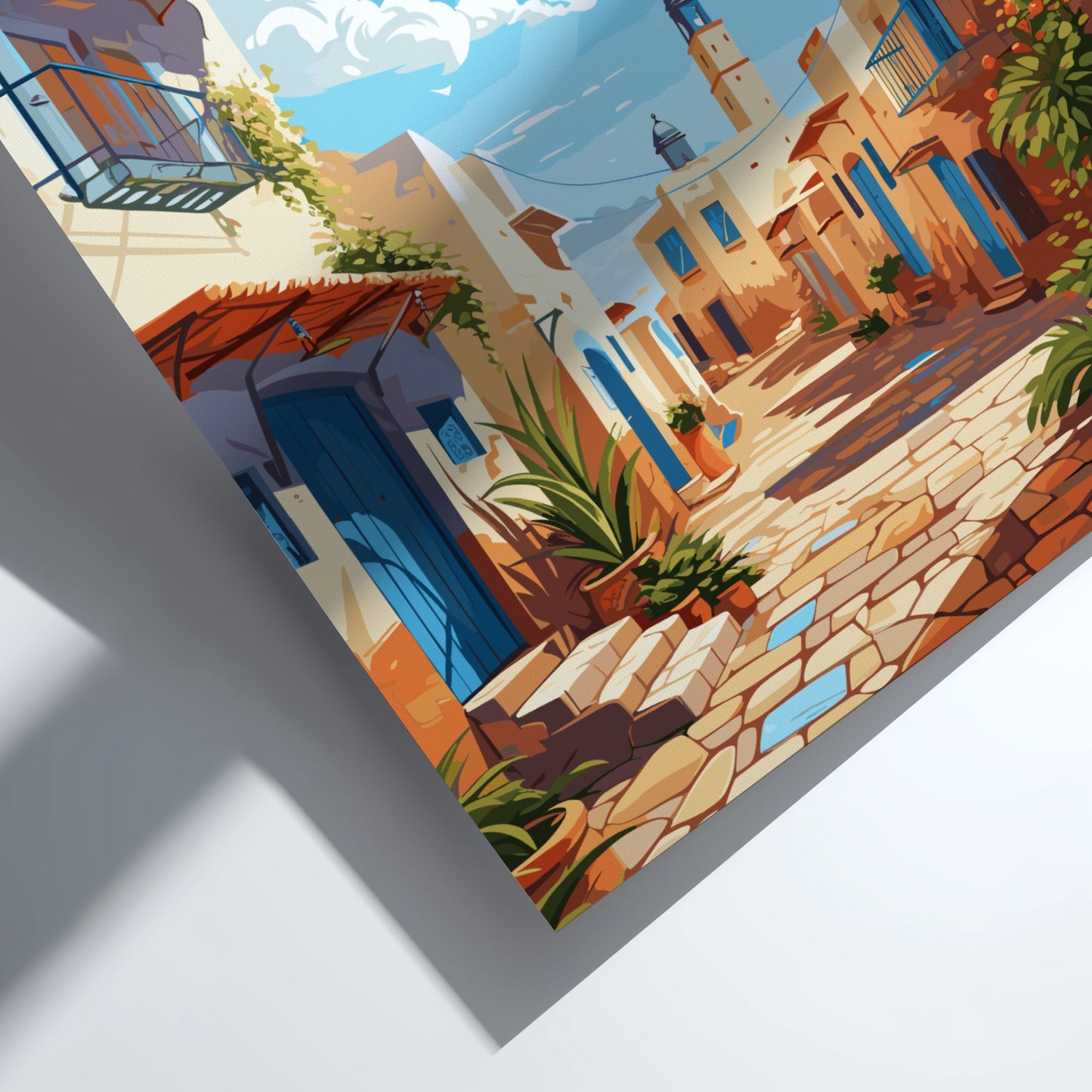 Colorful illustration of a Mediterranean street scene with buildings and plants.