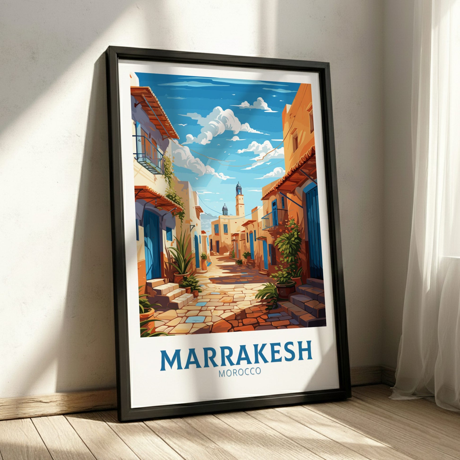 Framed poster of Marrakesh, Morocco with a scenic street view.