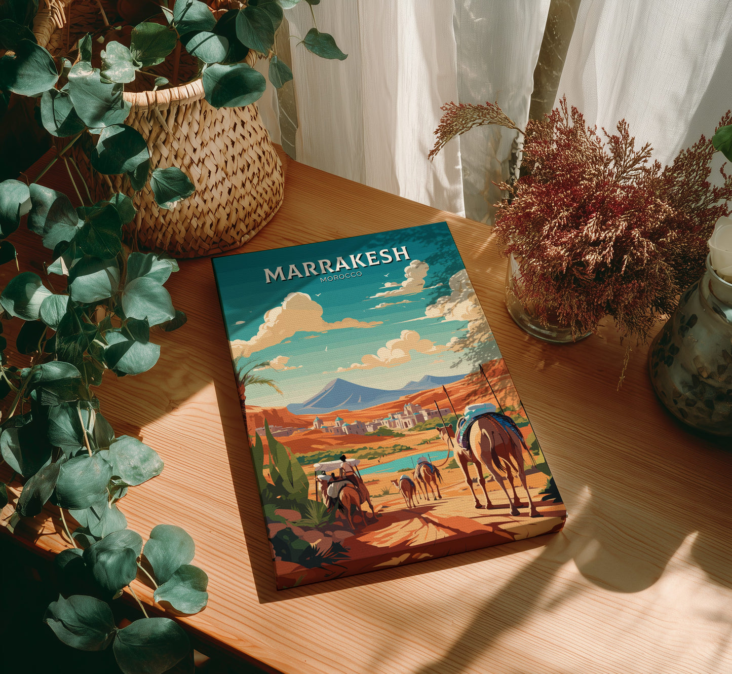 Book titled 'Marrakesh' on a wooden table with plants and decor.