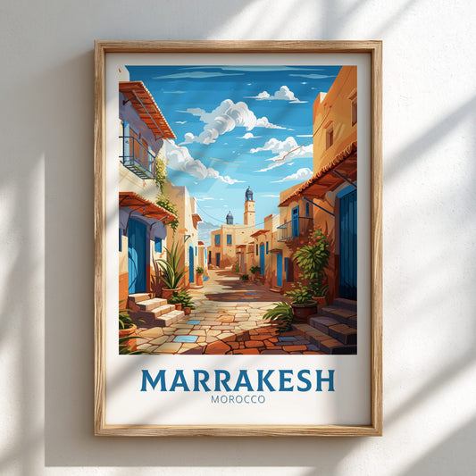 Framed artwork of a street scene in Marrakesh, Morocco on a white wall.