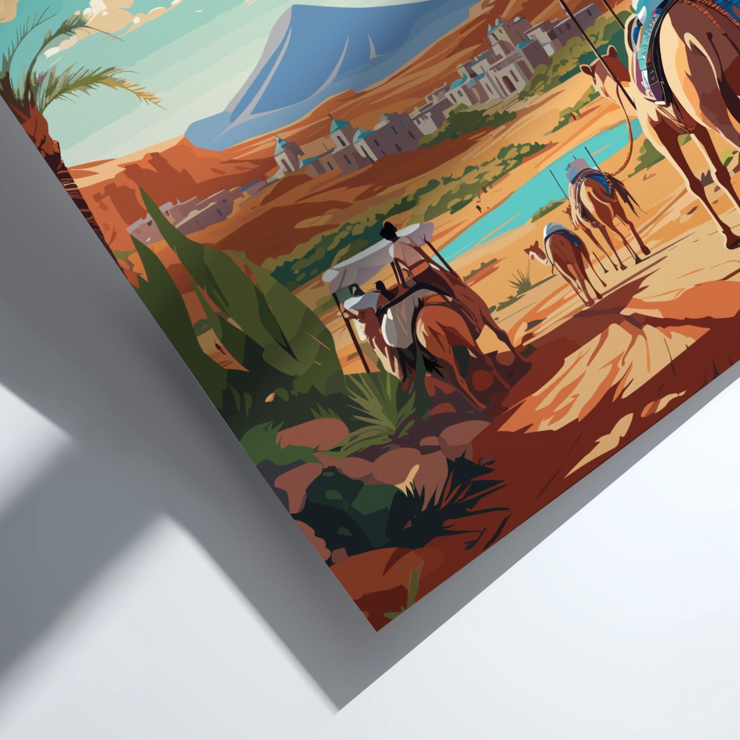 Colorful illustration of a desert scene with camels and people on a white background