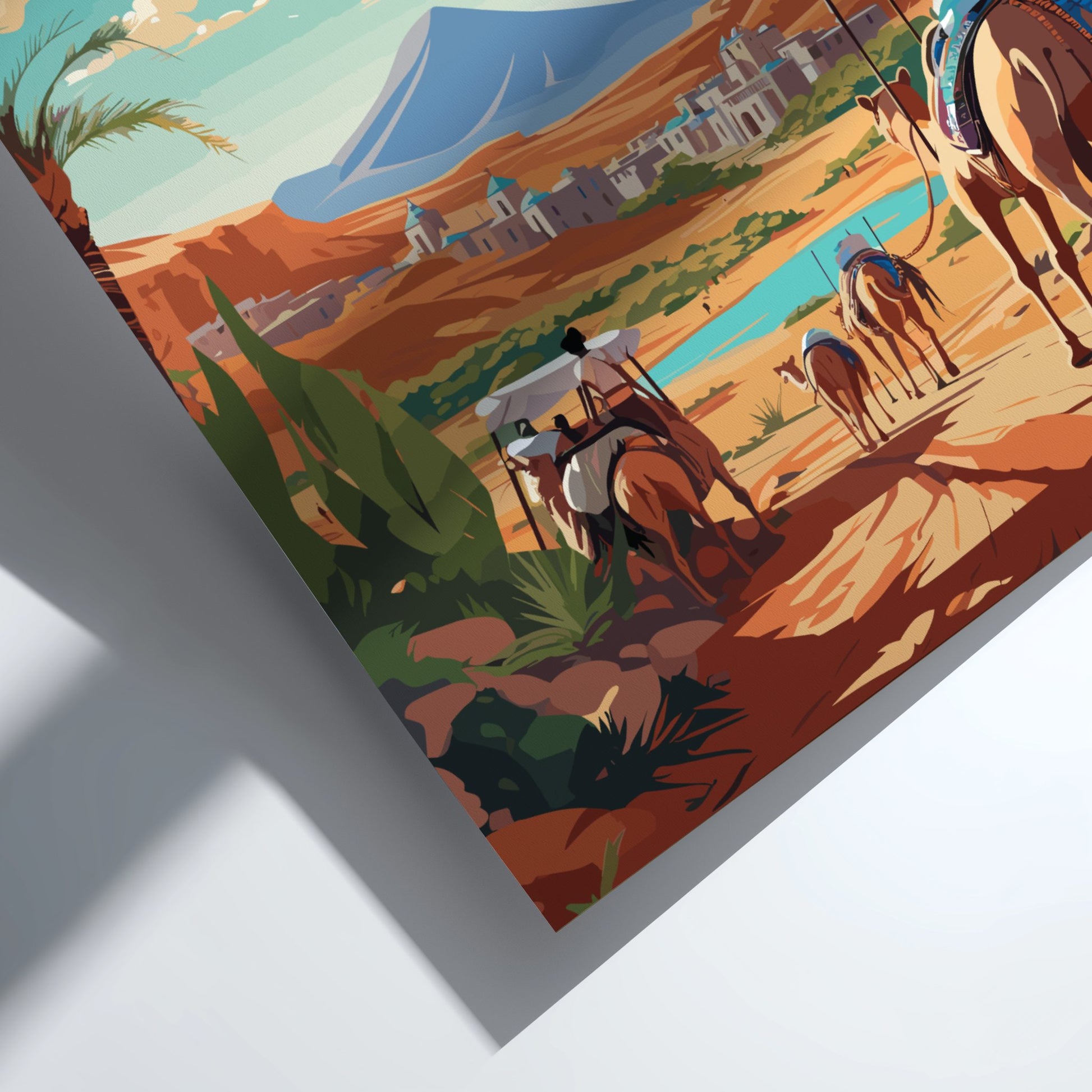 Colorful illustration of a desert scene with camels and people on a white background