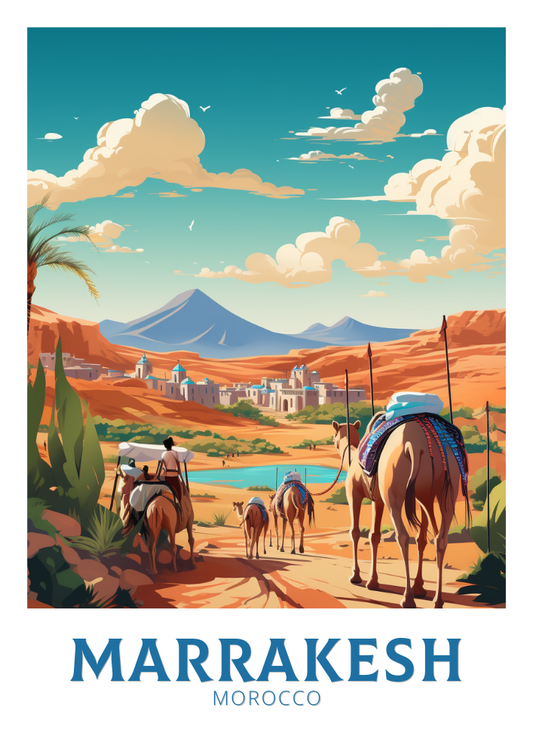 A vintage travel art poster depicting Marrakesh, Morocco, with camels in the foreground and the cityscape in the background.
