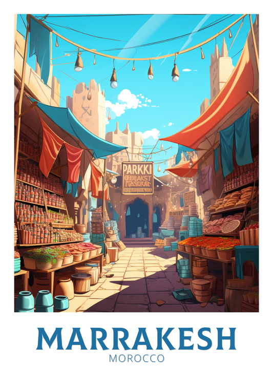 A vibrant retro print of Marrakesh, Morocco featuring a market scene with colorful tents and a clear blue sky.