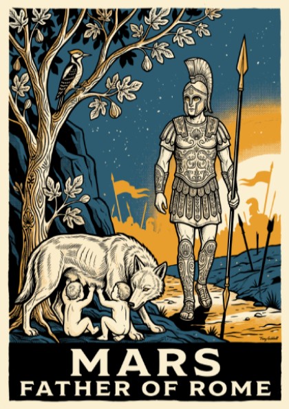 Poster featuring Mars Father of Rome with the she-wolf and twins in vintage style