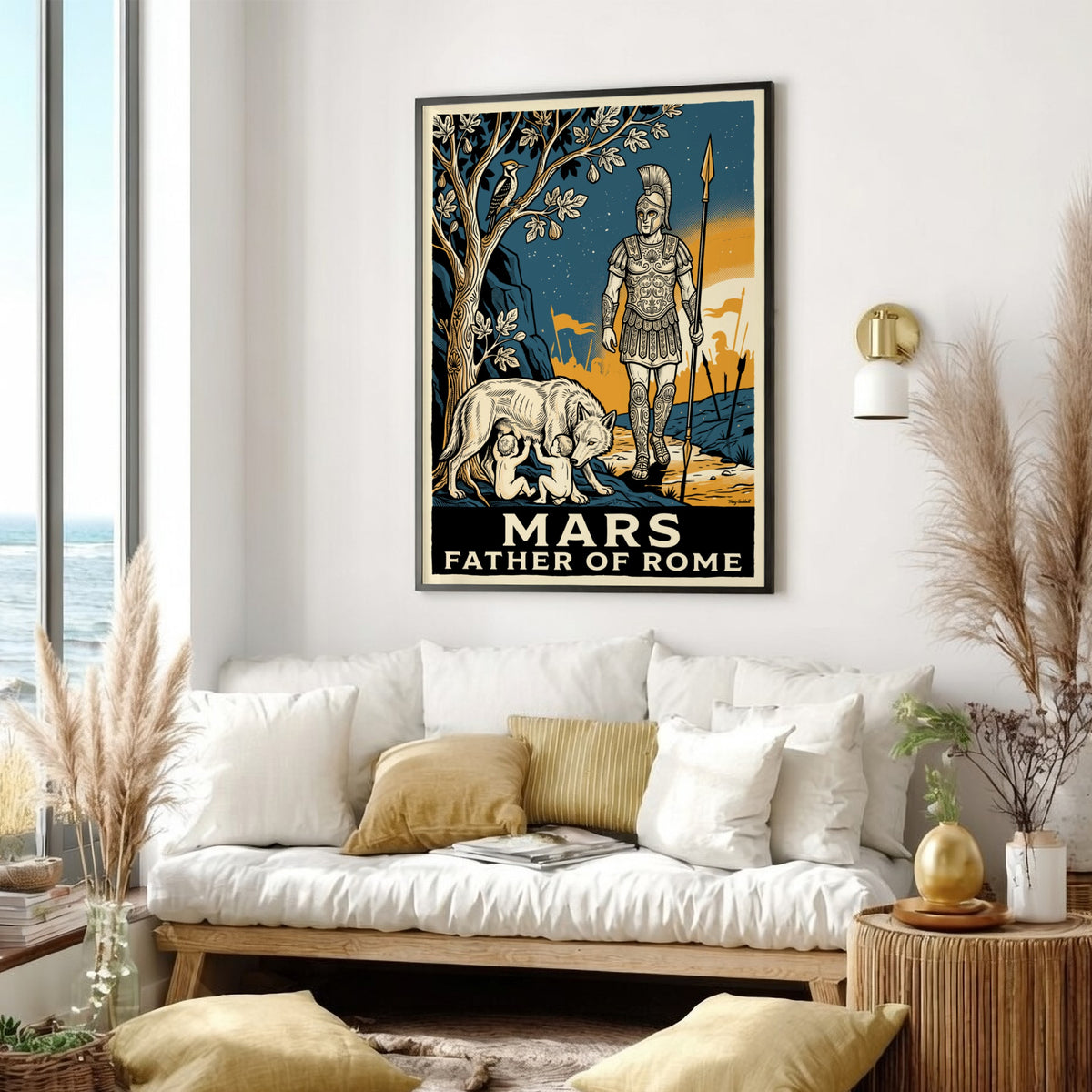 Poster featuring Mars Father of Rome with the she-wolf and twins in vintage style