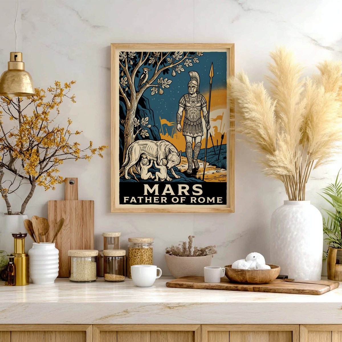 Poster featuring Mars Father of Rome with the she-wolf and twins in vintage style