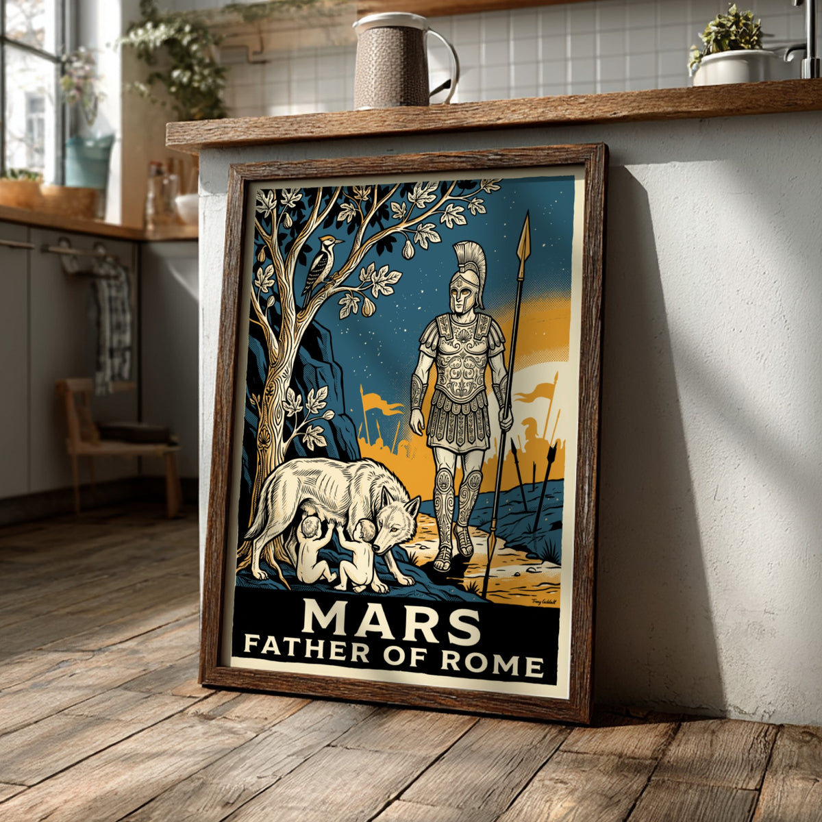 Poster featuring Mars Father of Rome with the she-wolf and twins in vintage style