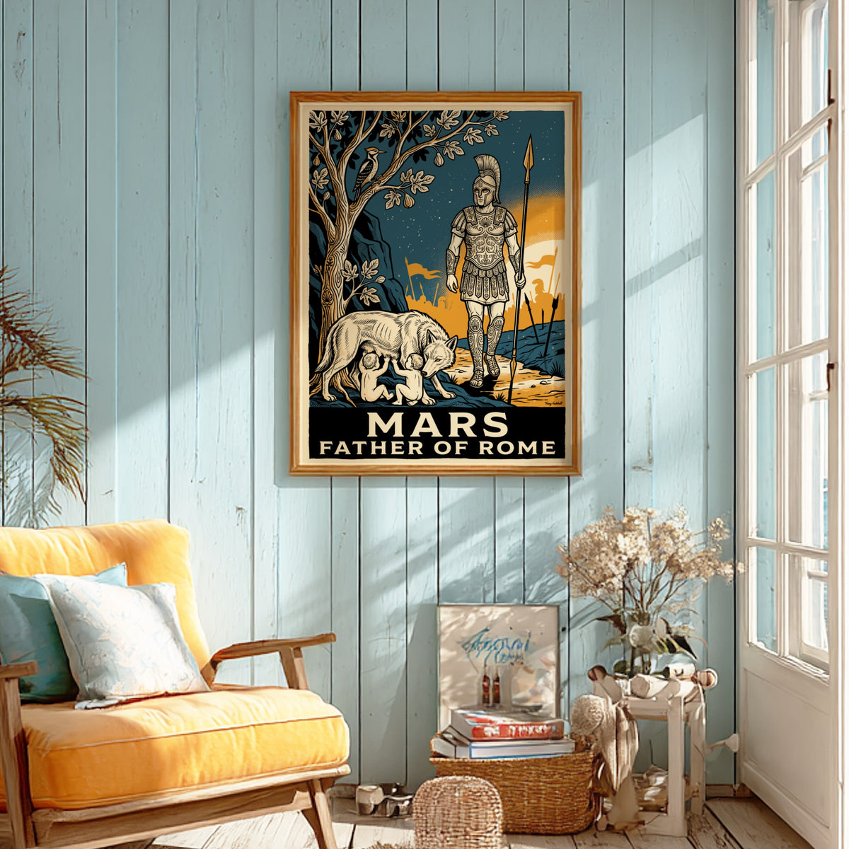 Poster featuring Mars Father of Rome with the she-wolf and twins in vintage style