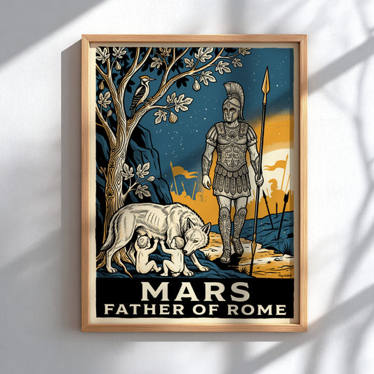 Poster featuring Mars Father of Rome with the she-wolf and twins in vintage style