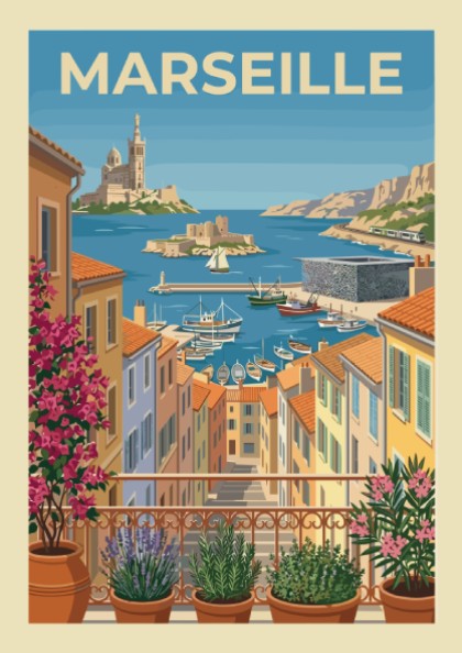 Marseille Harbor Travel Poster featuring colorful buildings, boats, and coastal scenery in a vintage art