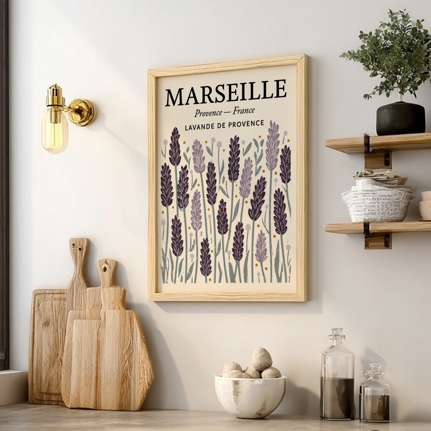Lavender kitchen poster featuring purple flowers and green foliage, perfect for kitchen decor.