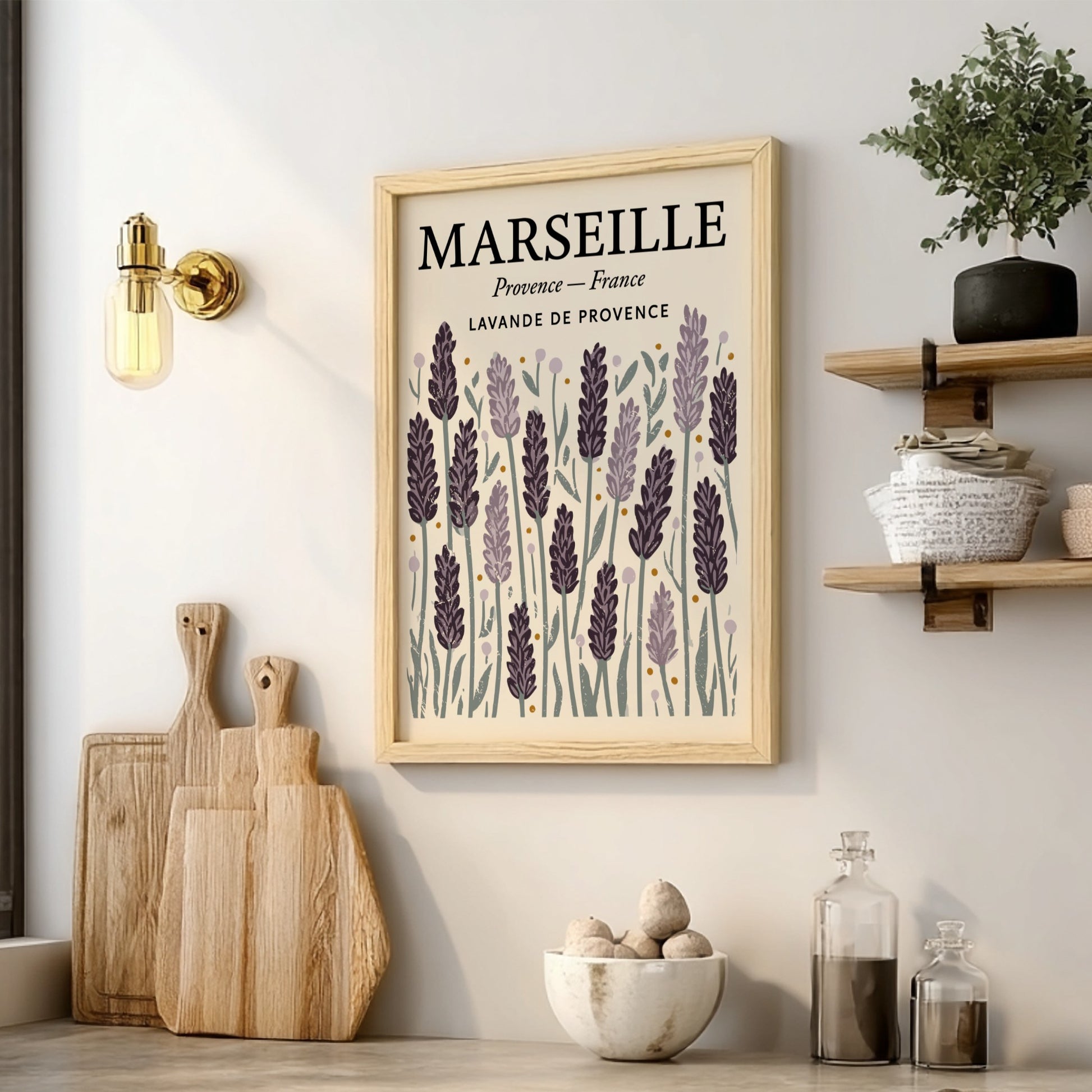 Lavender kitchen poster featuring purple flowers and green foliage, perfect for kitchen decor.