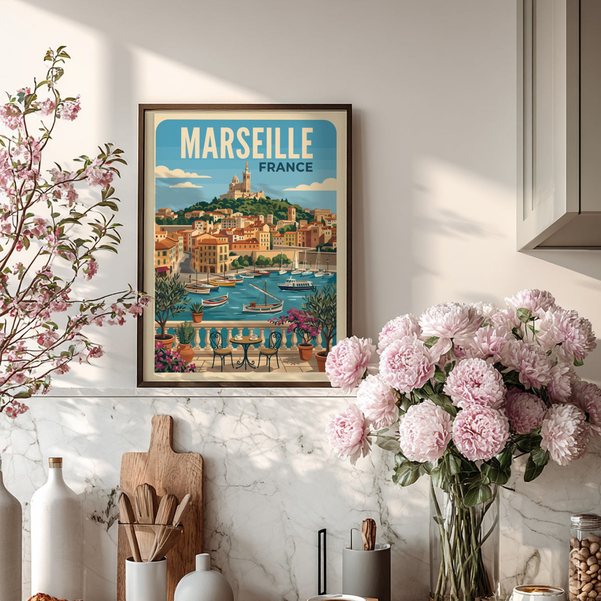 Marseille France travel poster featuring a Mediterranean harbour, sailboats, and a hilltop cathedral view.