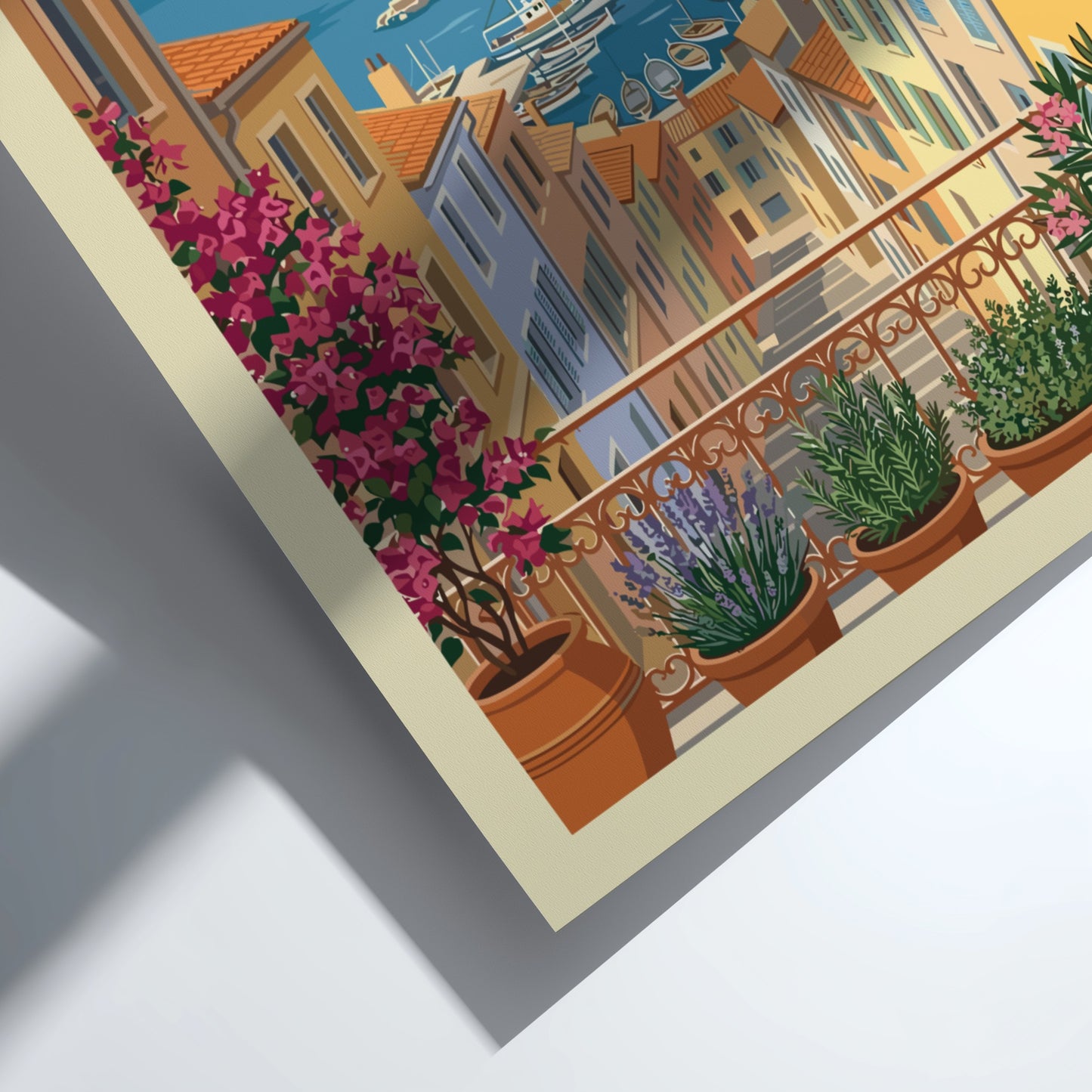 Marseille Harbor Travel Poster featuring colorful buildings, boats, and coastal scenery in a vintage art