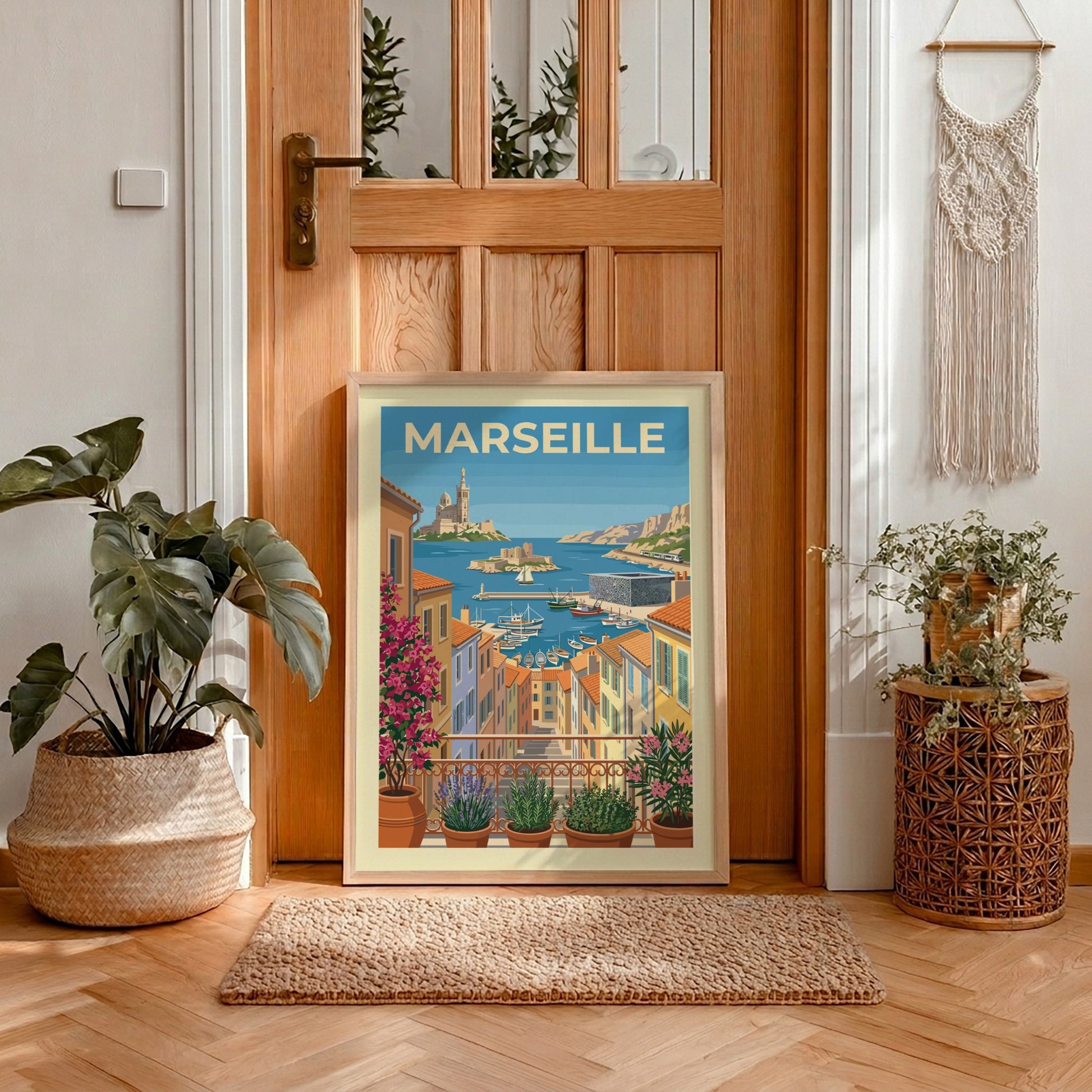 Marseille Harbor Travel Poster featuring colorful buildings, boats, and coastal scenery in a vintage art