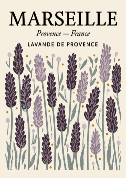 Lavender kitchen poster featuring purple flowers and green foliage, perfect for kitchen decor.