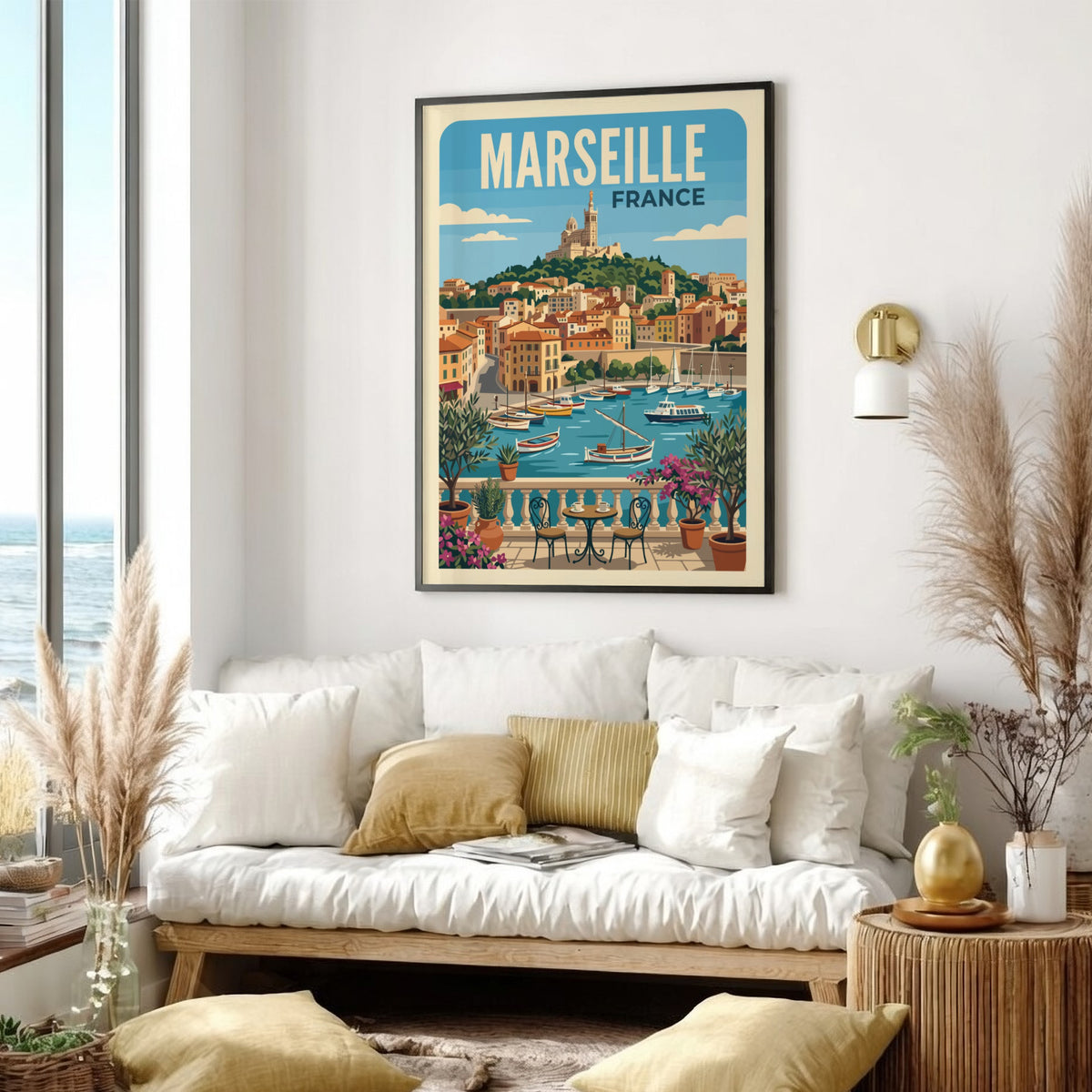 Marseille France travel poster featuring a Mediterranean harbour, sailboats, and a hilltop cathedral view.