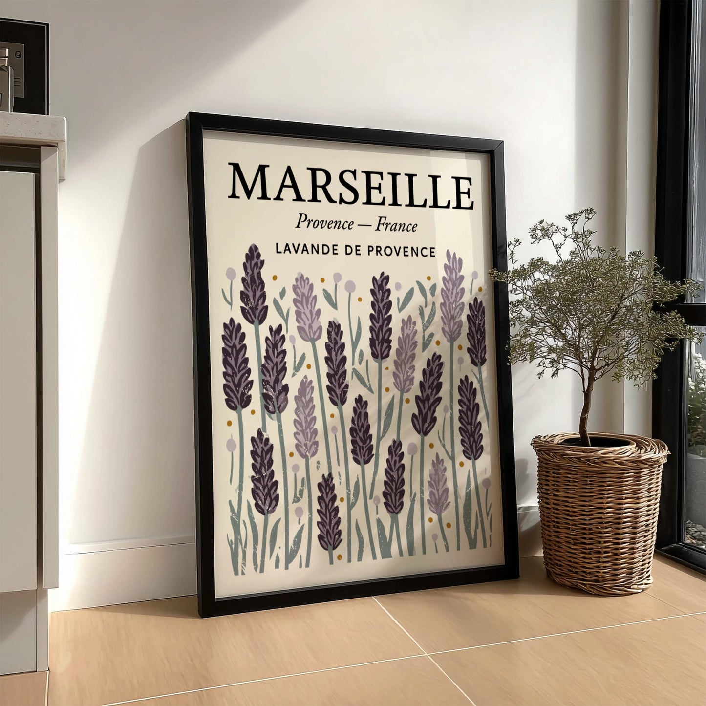 Lavender kitchen poster featuring purple flowers and green foliage, perfect for kitchen decor.