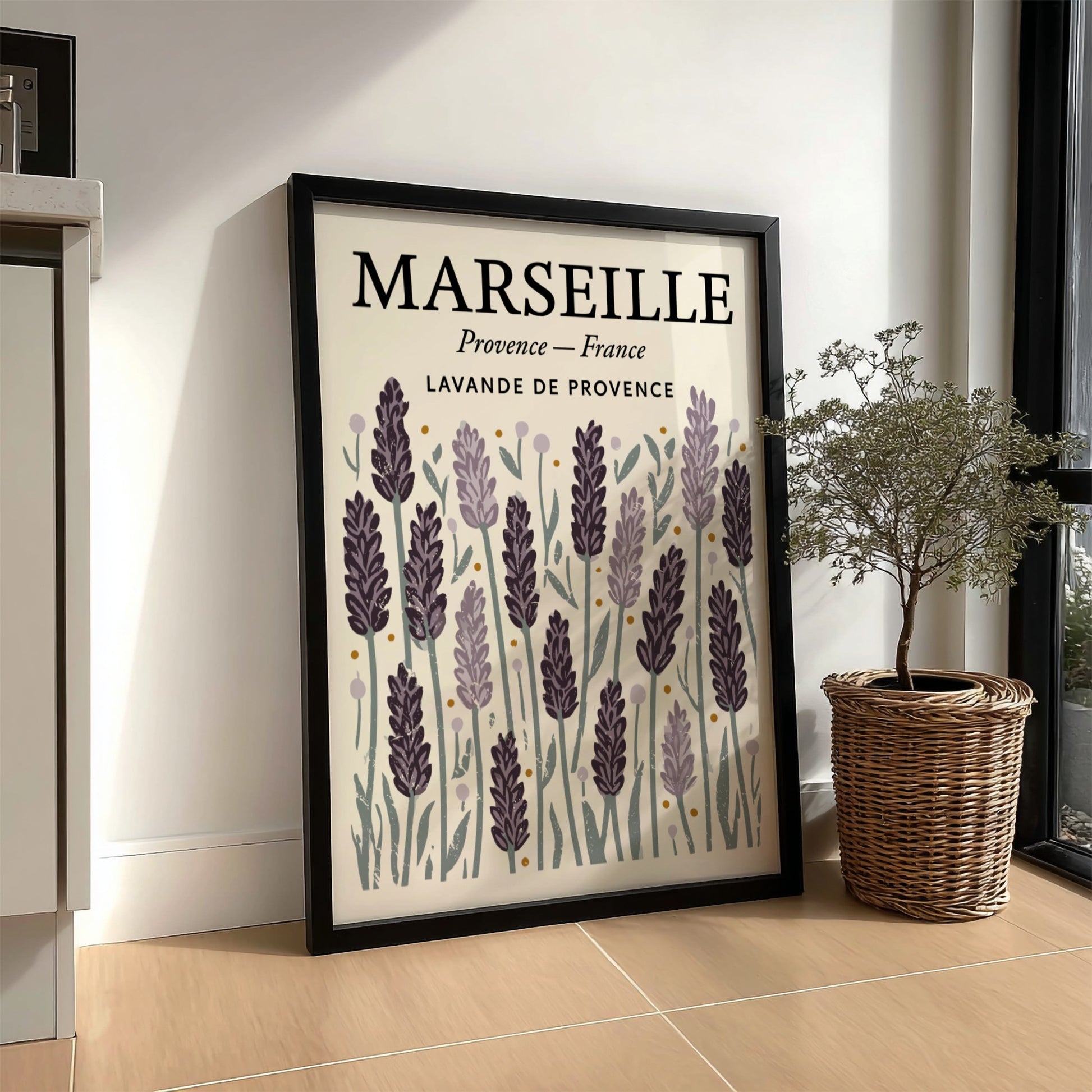 Lavender kitchen poster featuring purple flowers and green foliage, perfect for kitchen decor.