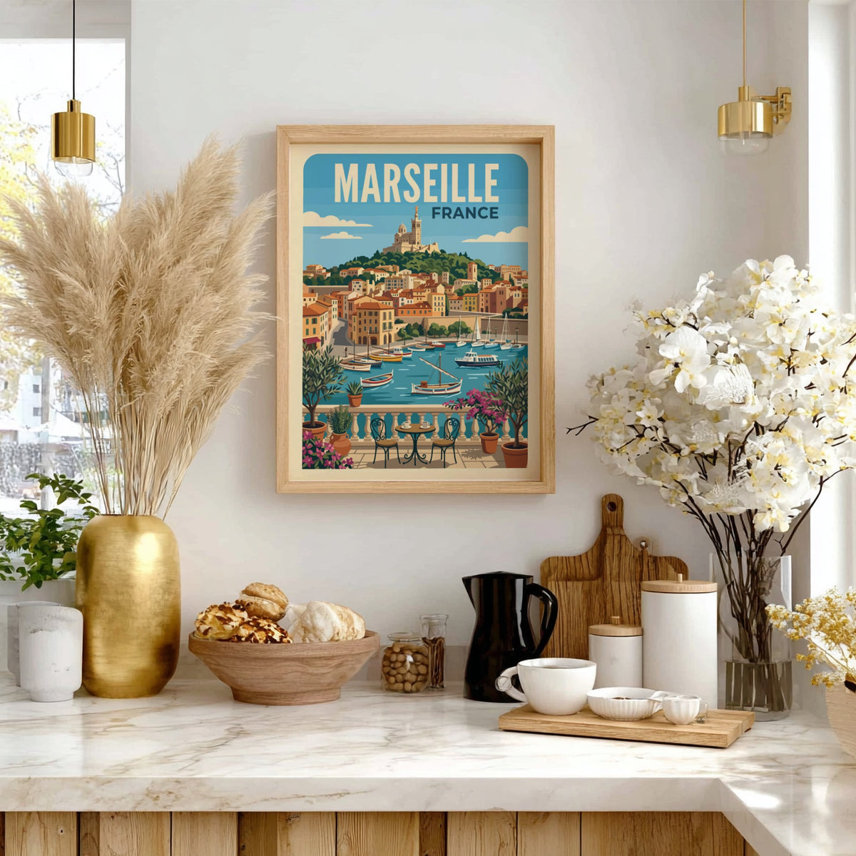 Marseille France travel poster featuring a Mediterranean harbour, sailboats, and a hilltop cathedral view.