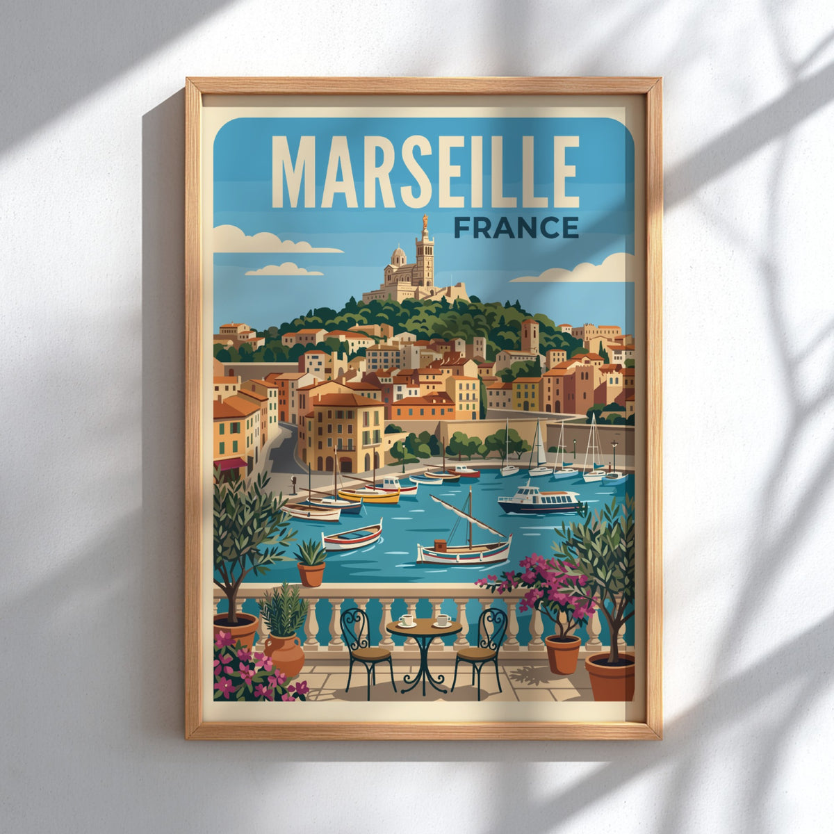 Marseille France travel poster featuring a Mediterranean harbour, sailboats, and a hilltop cathedral view.
