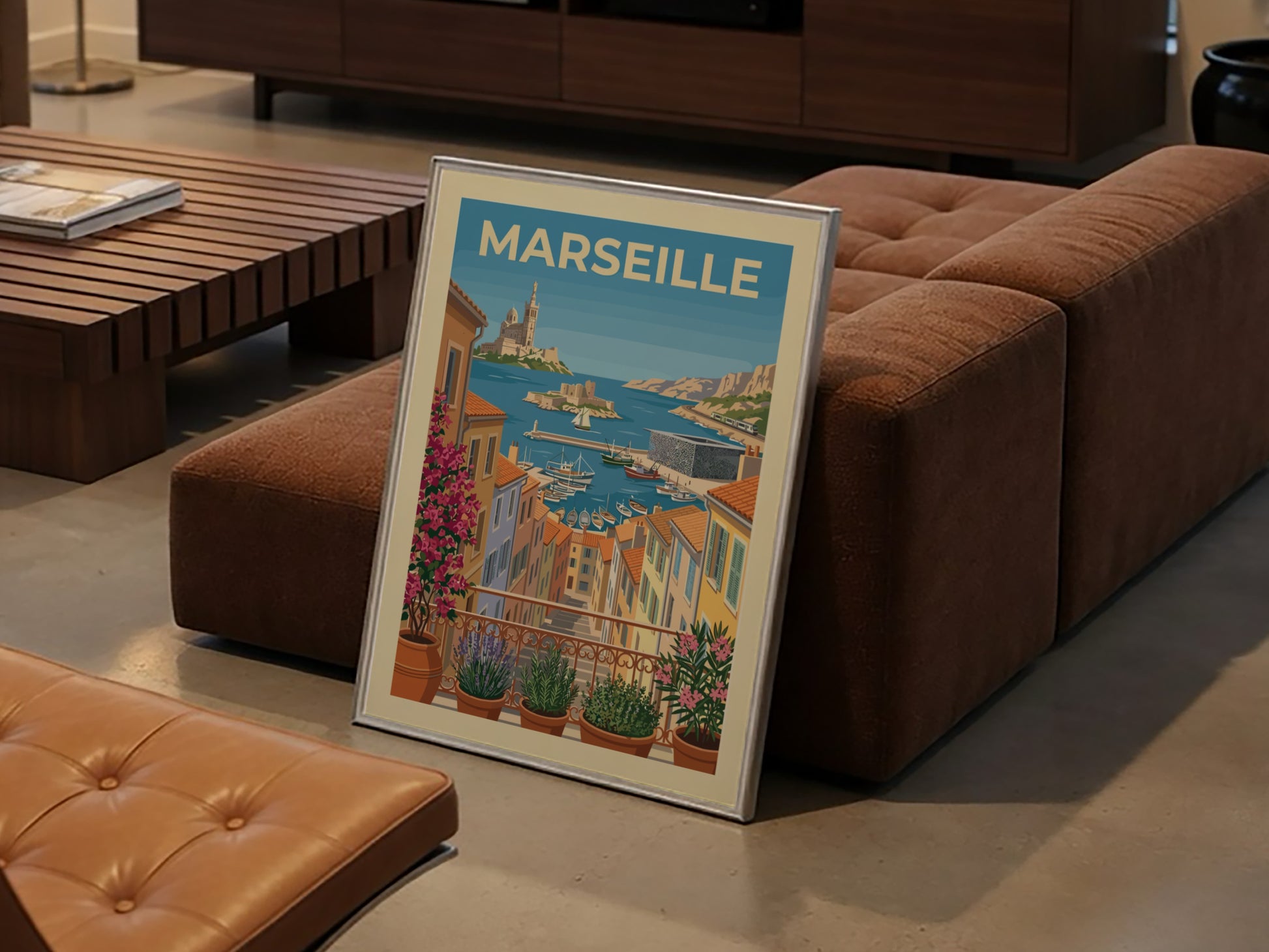 Marseille Harbor Travel Poster featuring colorful buildings, boats, and coastal scenery in a vintage art
