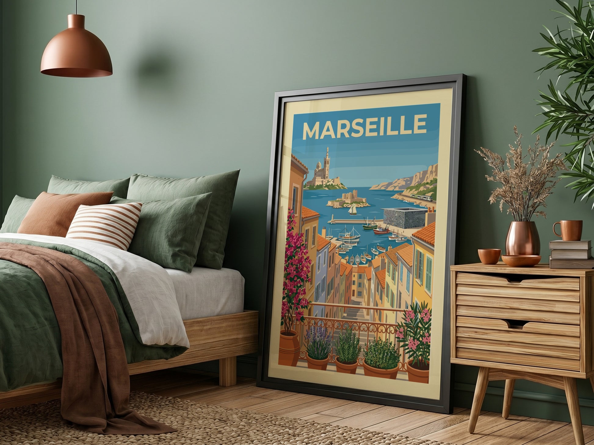 Marseille Harbor Travel Poster featuring colorful buildings, boats, and coastal scenery in a vintage art