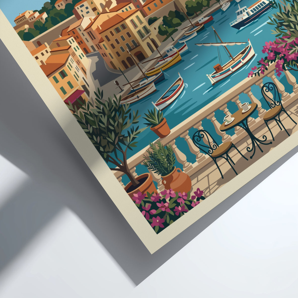 Marseille France travel poster featuring a Mediterranean harbour, sailboats, and a hilltop cathedral view.