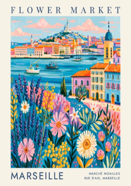 Flower market poster showcasing vibrant flowers and cityscape in Marseille
