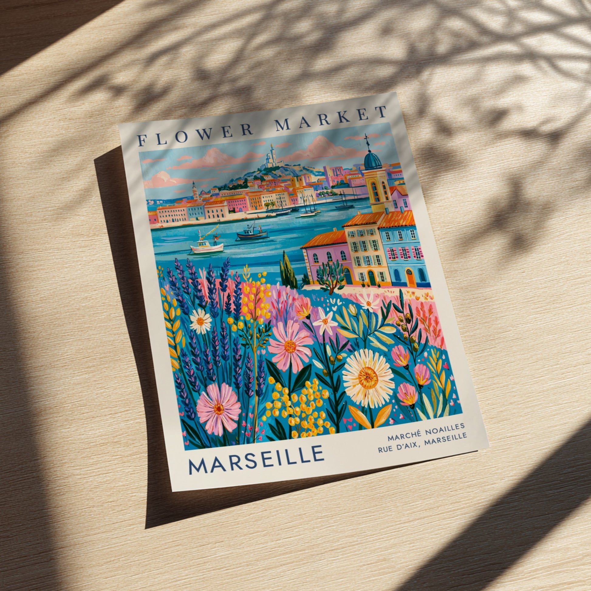 Flower market poster showcasing vibrant flowers and cityscape in Marseille