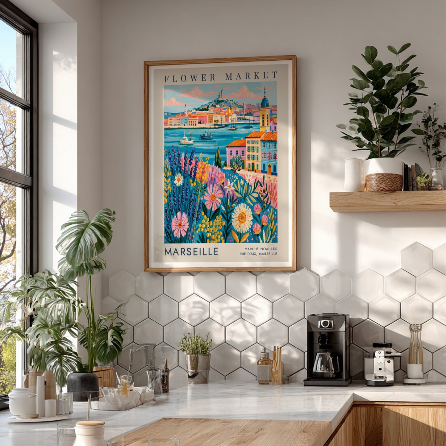 Flower market poster showcasing vibrant flowers and cityscape in Marseille