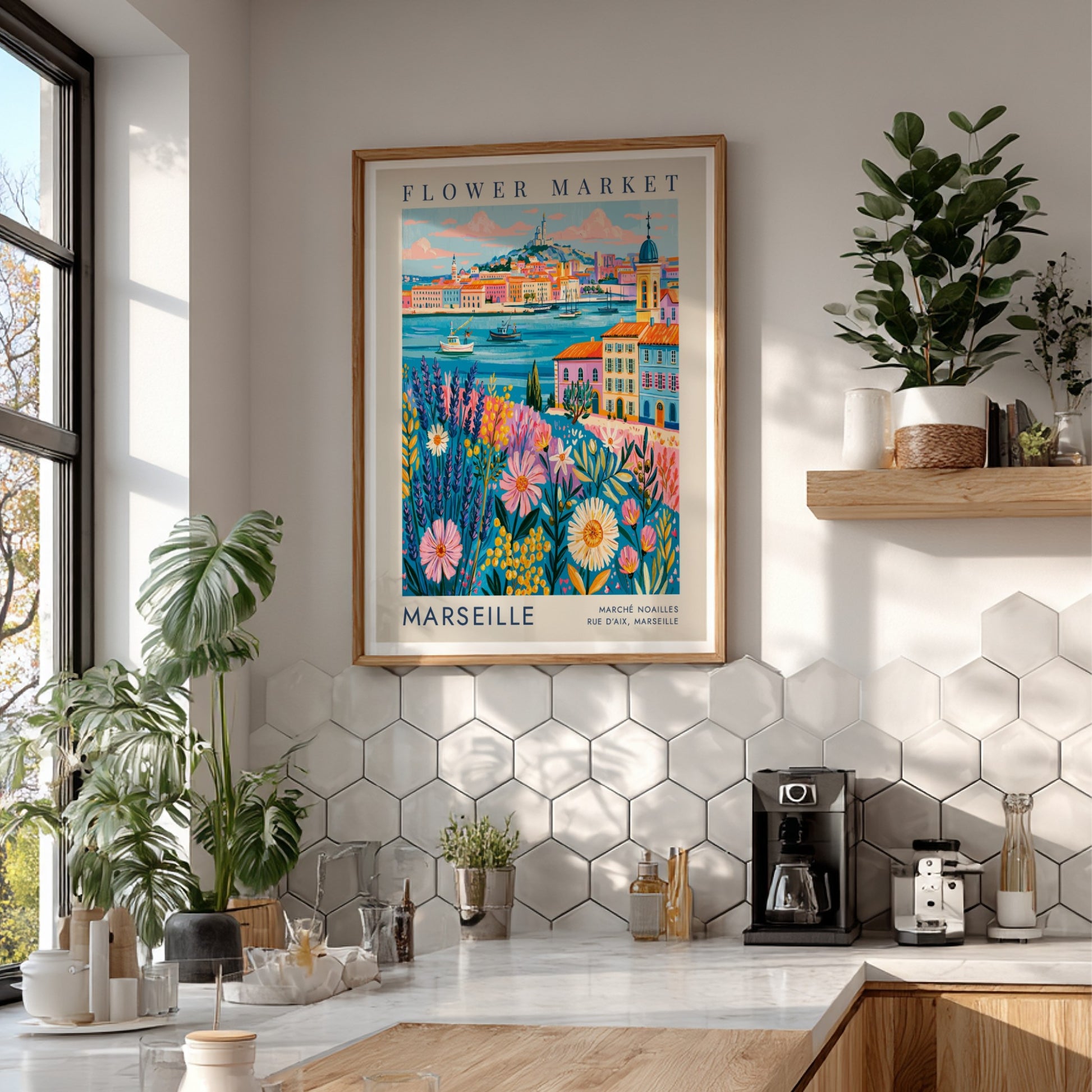 Flower market poster showcasing vibrant flowers and cityscape in Marseille