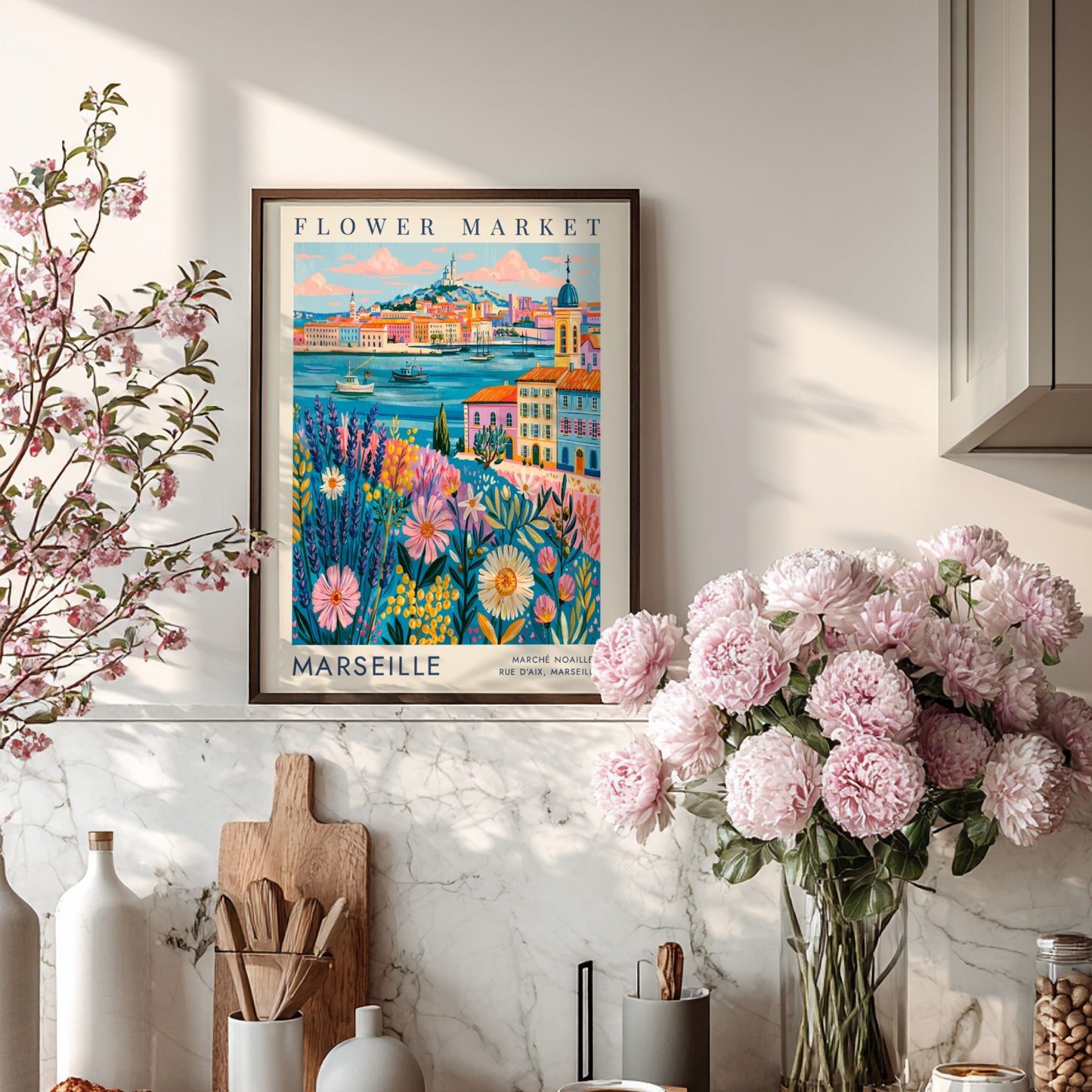 Flower market poster showcasing vibrant flowers and cityscape in Marseille